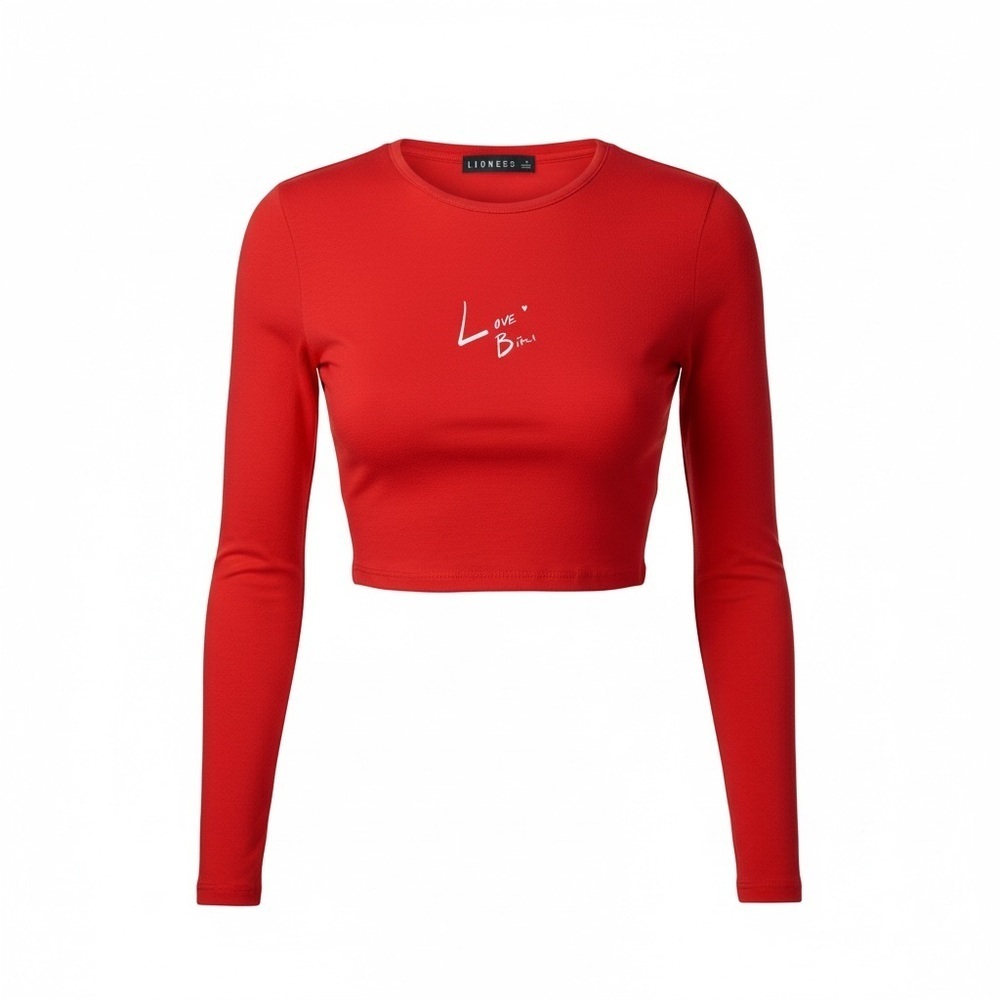 Lioness Love Bites Red Cropped Long Sleeve Top Valentine Heart Graphic M